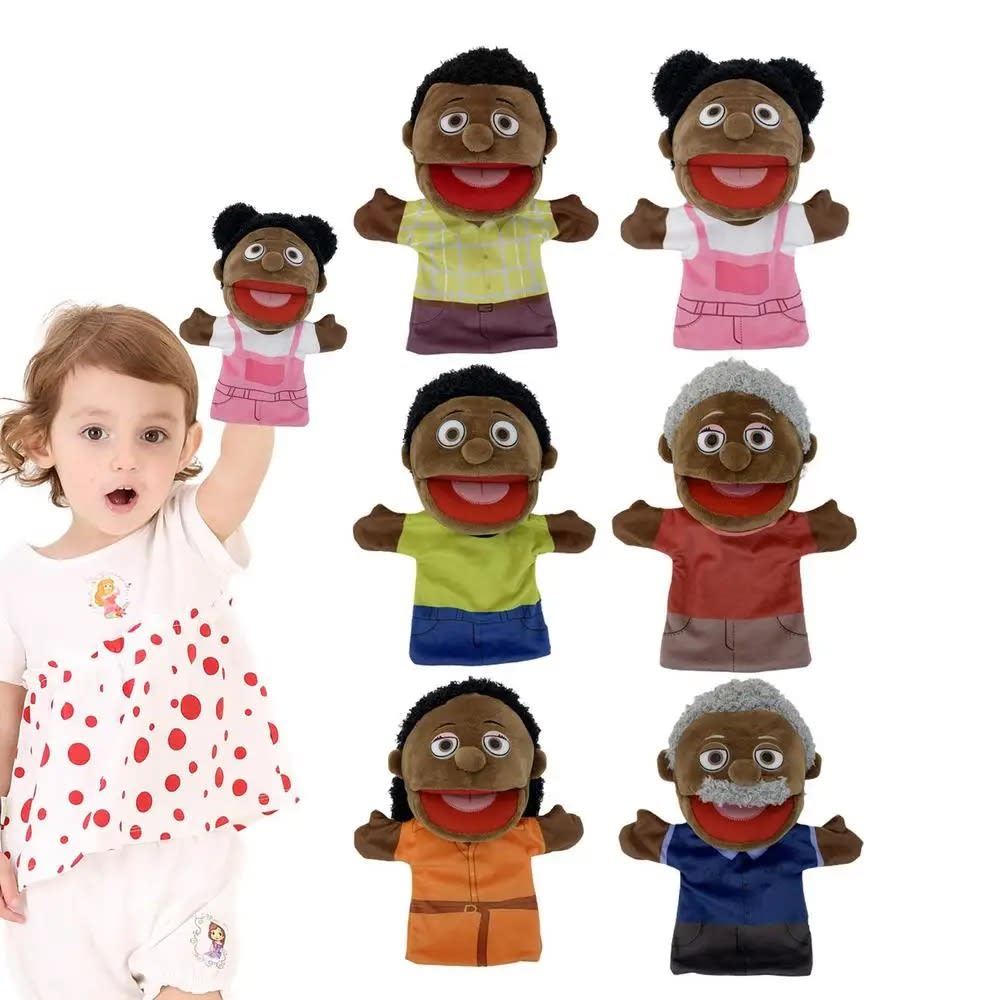 6pcs Family Hand Puppet Set - Black Skin, Open Mouth, Parent-Child Educational Teaching Dolls